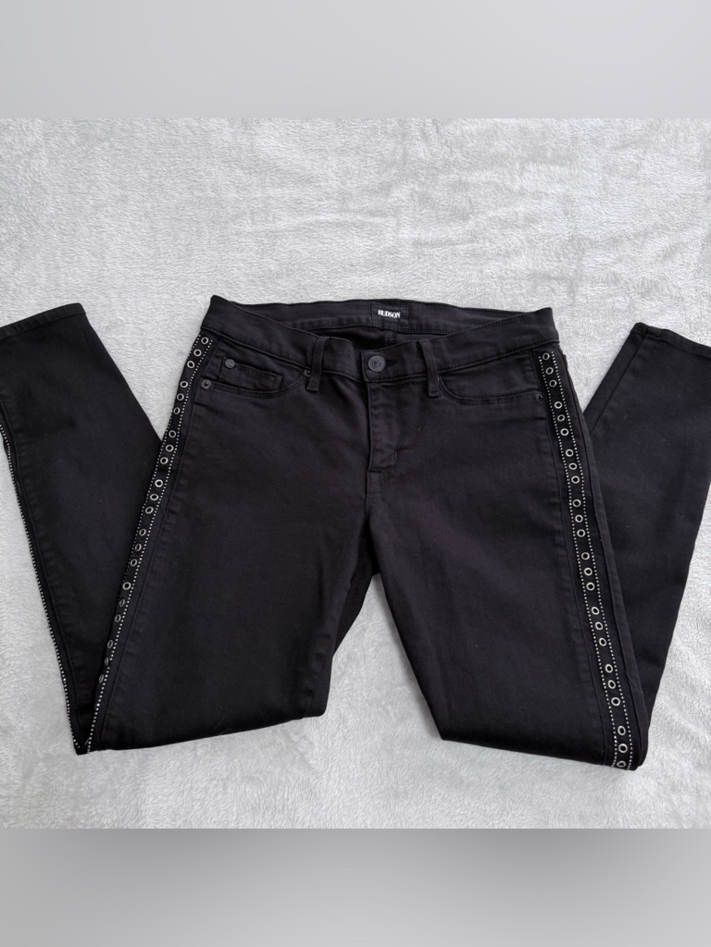 Hudson Luna Jeans Black Skinny Jeans with Side Grommet Trim 29